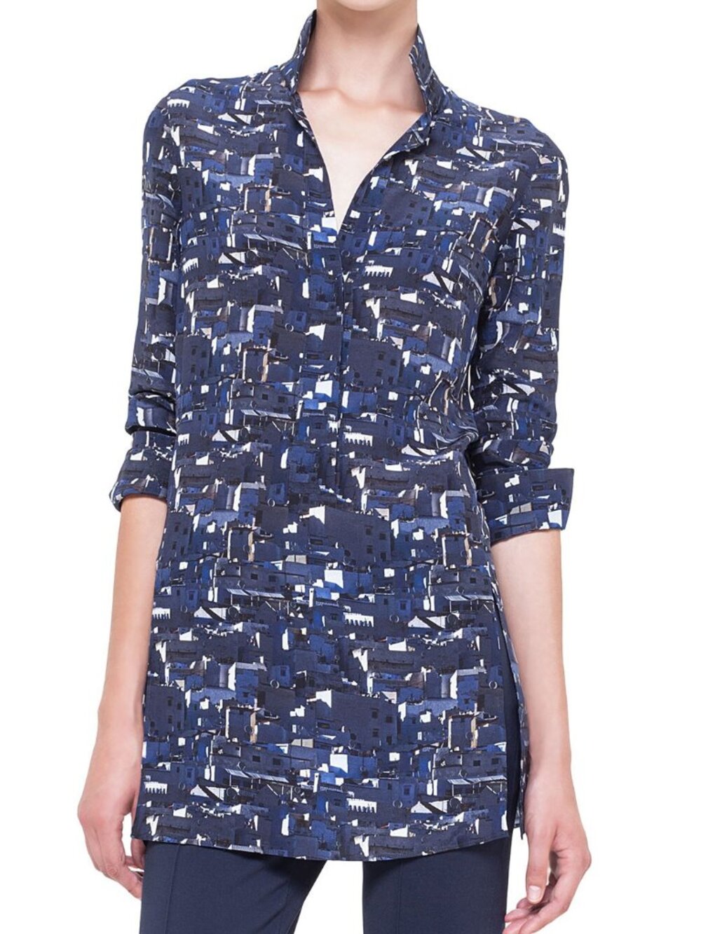 Akris Chefchaouen Print Top Blouse Silk Tunic Navy Blue Building City Geo 14